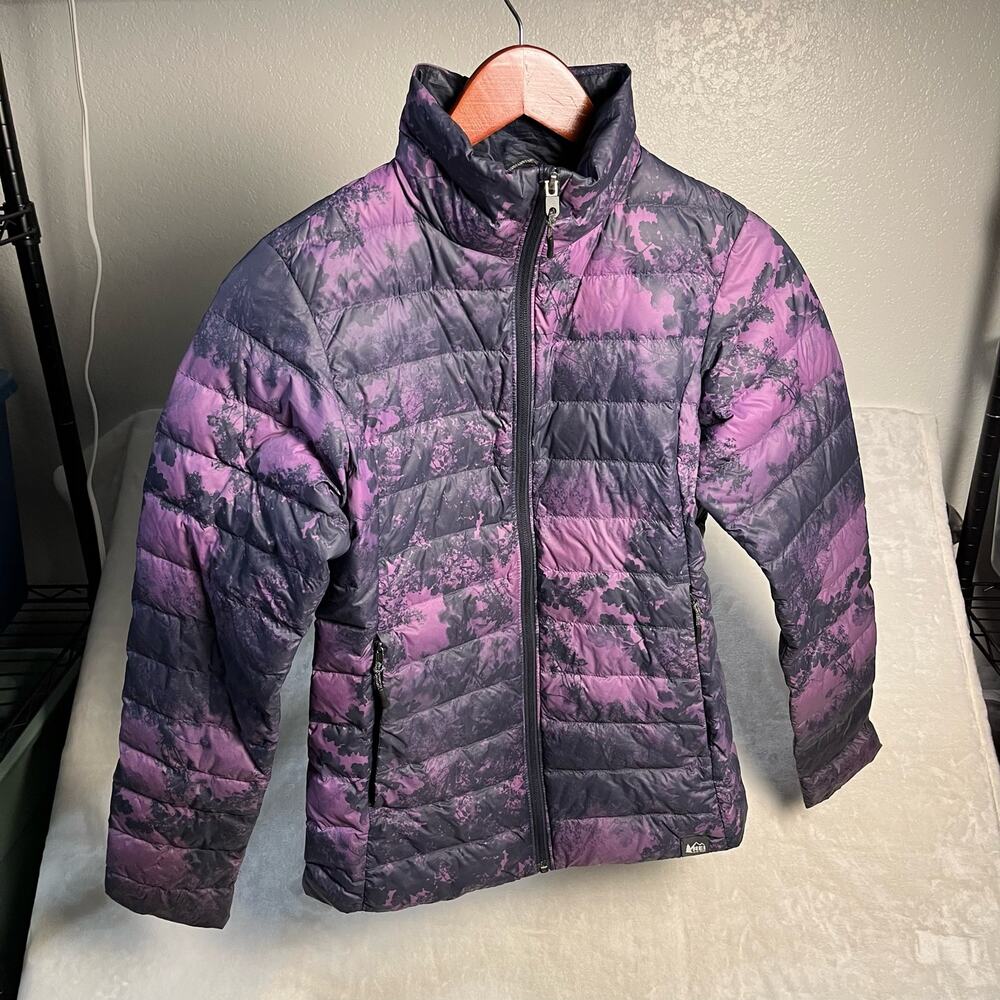 REI Coop Down Puffer Jacket Womens XS Dark Purple Forest Print Witchy GORP Goth